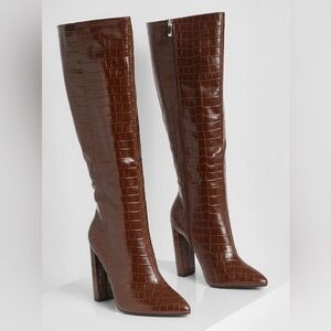 Boohoo Brown Faux Crocodile Knee High Boots Size 8 Wide Fit Square Block Heel